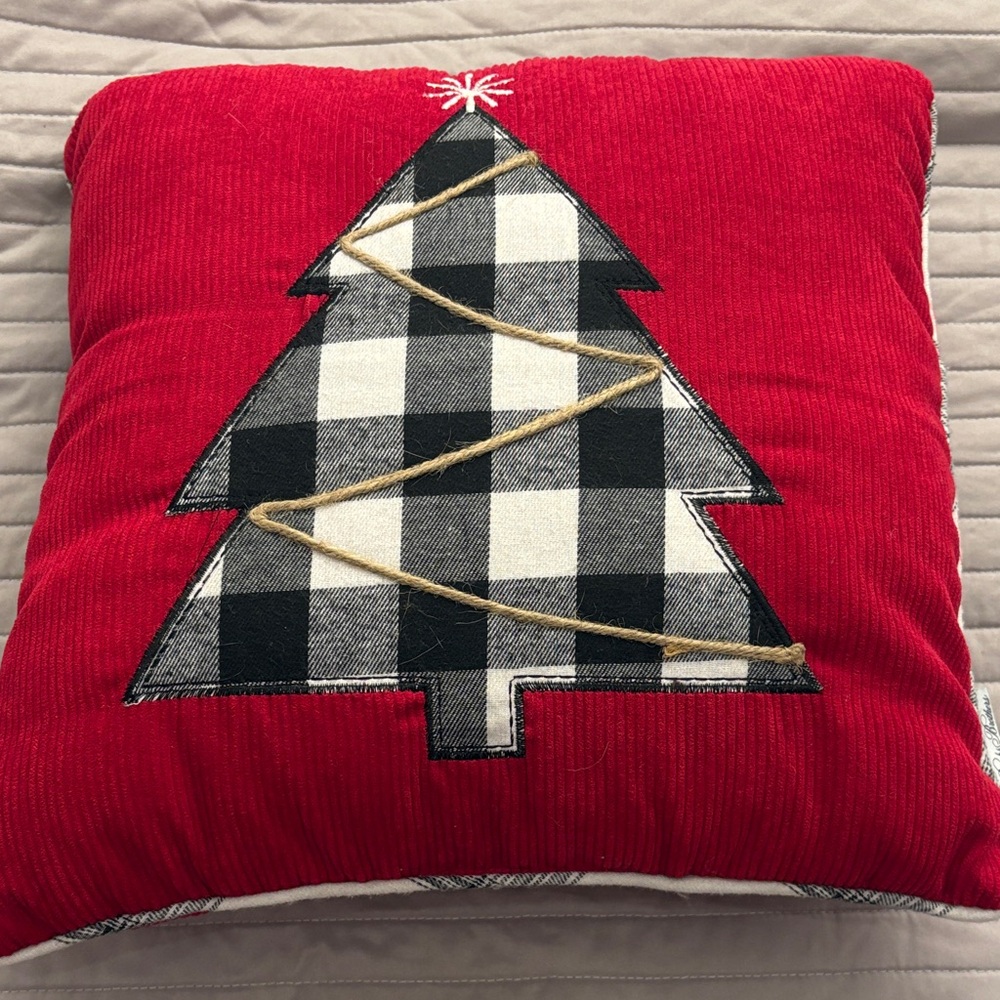 Red Holiday Pillow with Black and White Tree Design